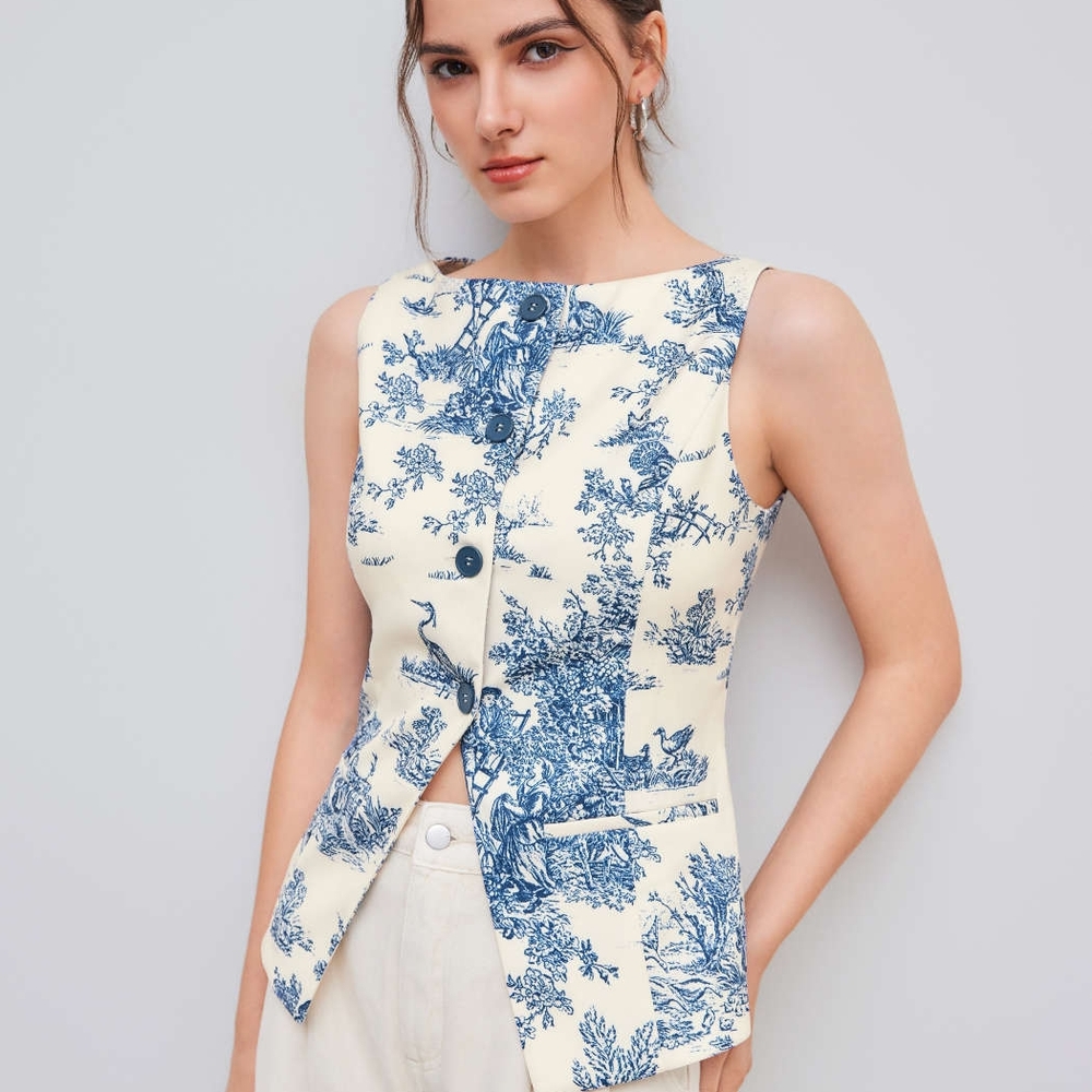 Blue and Cream Sleeveless Top